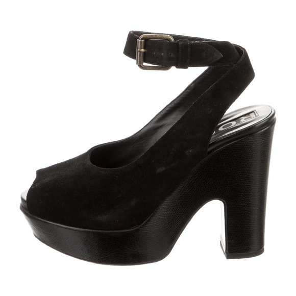 Rochas Shoes - ROCHAS Shoes Black Suede Leather Platform Block Heel Peep-Toe Slingback Sandals